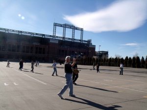Denver: SABR members play catch in the parking lot outside Coors Field.